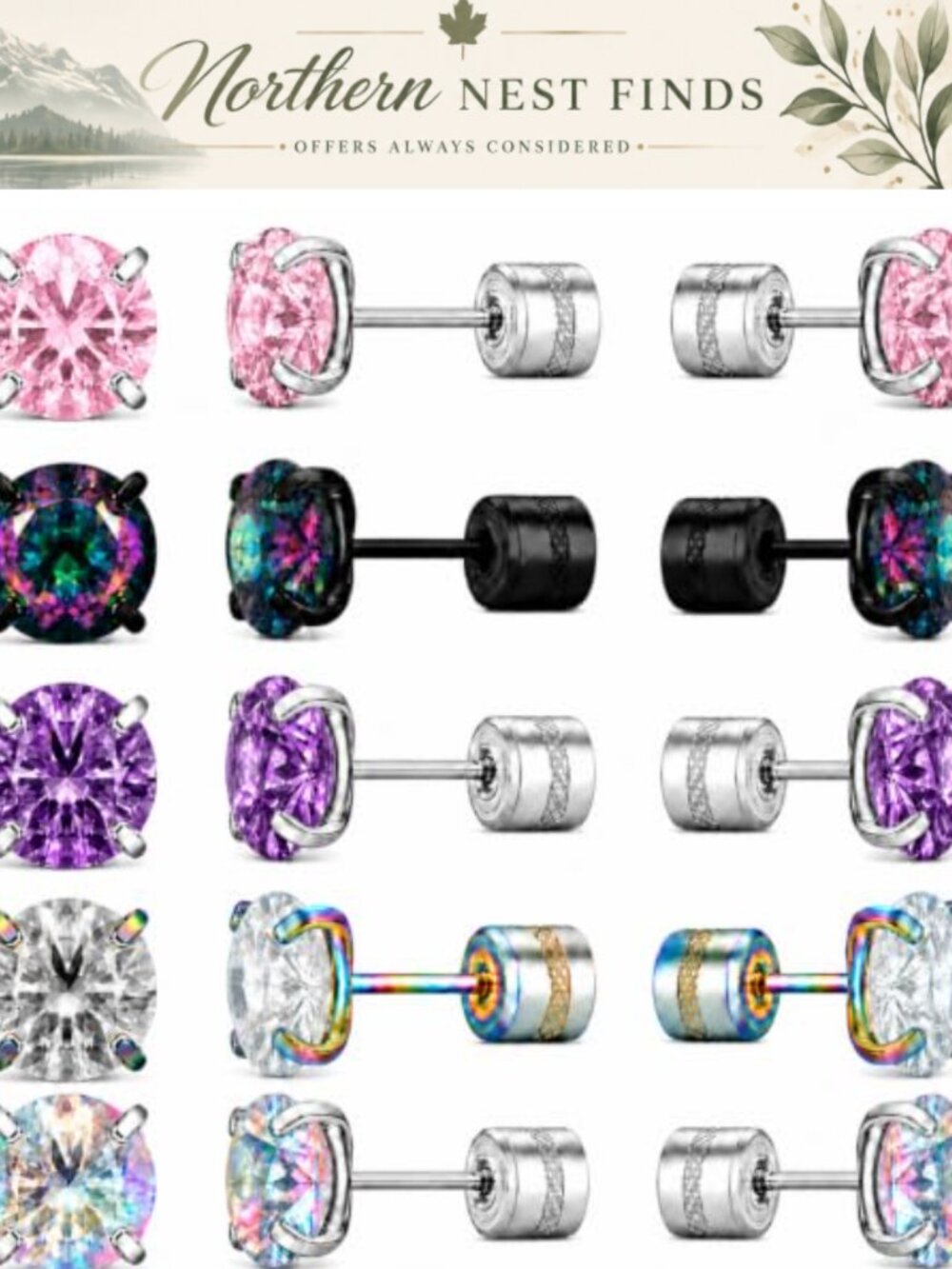 5 Pairs Flat Back Stud Earrings Hypoallergenic Surgical Steel Screw Back